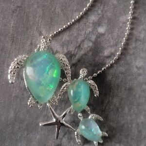 Silver Turtle Pendant Necklace with Turquoise Gemstones